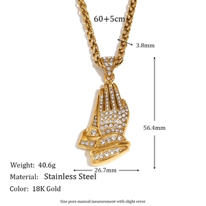 18K gold plated stainless steel praying hands pendant necklace with white zircons for men