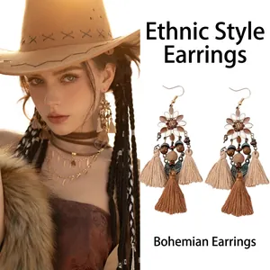 Bohemian Tassel Earrings Vintage Ethnic Alloy Floral Drop Dangle Cotton Thread Wood Beads Tribal Style Steel Earring Post