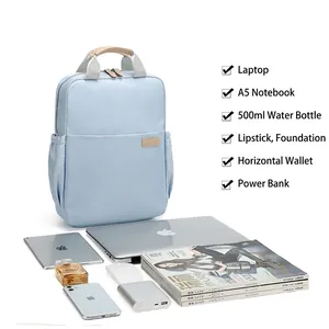 Light blue minimalist laptop backpack with multiple compartments and tear-resistant fabric
