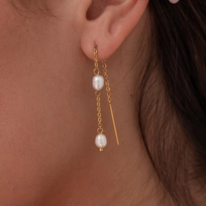 Minimalist Threader Earrings 316L Stainless Steel 18K Gold Plated Natural Freshwater Pearl Long Chain Jewelry For Women