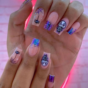 Halloween Press On Nails Long Coffin Skull Spider Web Purple Blue Gradient Glitter Glossy False Nails For Women