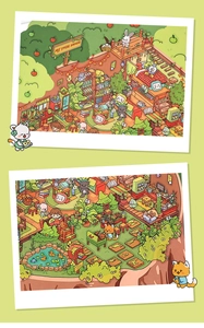 Detail of cozy tree house and garden scenery stickers with soft green backgrounds