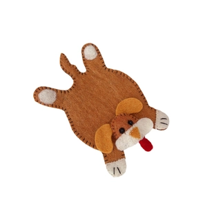 Handmade wool felt dog coaster in brown with white paws and red tongue detail
