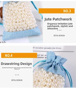 Detail of blue organza and linen drawstring pouch showing the stitching and cord design
