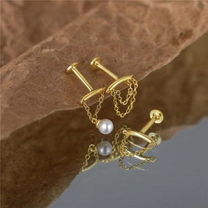 S925 sterling silver tassel pearl double chain stud earrings with gold plating