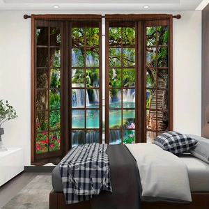 Detail of 3D window view curtains showing a lush forest waterfall and wood frame print