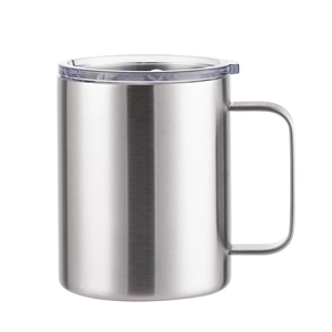 12oz stainless steel coffee mug with handle and clear lid in brushed silver finish