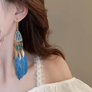 Detail of blue bohemian feather earrings with gold beads on model ear close-up