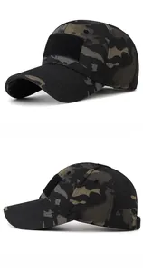 Detail view of tactical camouflage baseball cap with front velcro patch area