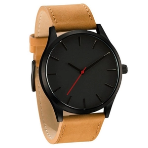 Minimalist men's watch with matte black dial, red second hand and light brown leather strap