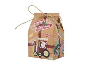 Detail of Christmas house-shaped kraft paper candy box with jute rope handle