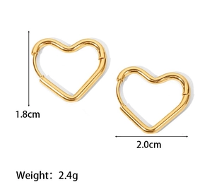Detail showing 18K gold plated heart earrings with 1.8cm by 2.0cm size and weight specs