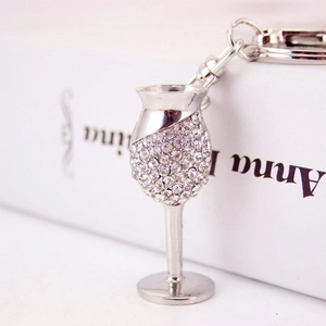 Sparkling crystal-studded wine glass keychain in polished silver metal finish