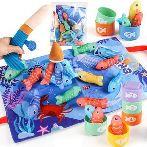 Felt fishing game set with magnetic rod, colorful fish, play mat and stacking cups