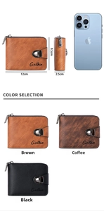 Detailed view of retro men's wallet with size comparison to phone and color options