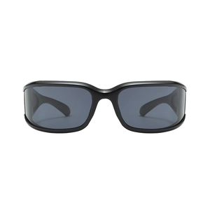 Y2K punk wraparound sunglasses with glossy black frame and dark grey lenses for skiing