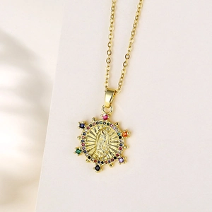 Virgin Mary Pendant Necklace 18K Gold Plated Brass Colorful Zircon Stainless Steel Chain Religious Jewelry Women
