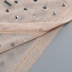 Close-up of beige mesh fabric with intricate silver rhinestone embellishments and fine stitching