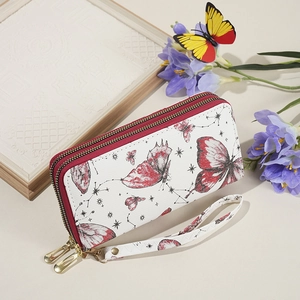 White butterfly print long wallet with double zippers and wrist strap for women