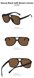 Macro detail of glossy black double-bridge oversized aviator sunglasses with amber lenses