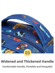 Detail of widened thickened carry handle on navy blue spaceship print school bag