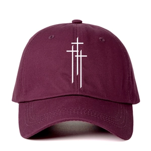 Adjustable burgundy cotton baseball cap with white triple cross print for sun protection
