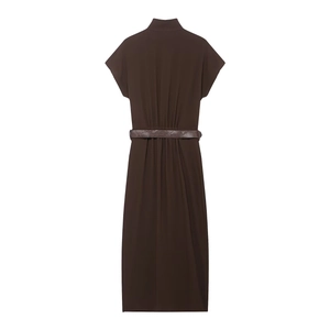 Elegant sleeveless dark brown midi dress with high collar and belted waist, back view