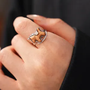 Minimalist rocking horse ring in S925 silver with wood inlay and cubic zirconia stones