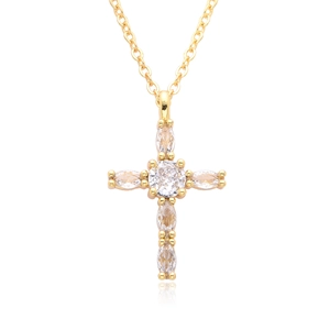Elegant gold cross pendant necklace with marquise-cut white zircons on a white background