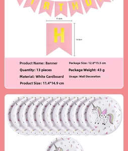 Détails de la bannière d'anniversaire licorne et des assiettes avec spécifications du produit