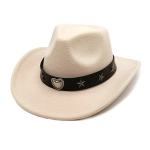 Close-up of beige felt cowboy hat with black leather strap and silver heart studs