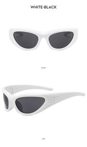 Front and side views of Y2K white frame sports sunglasses with black lenses