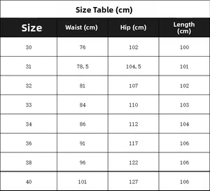 Detailed size chart for men cargo pants showing waist, hip, and length measurements in cm