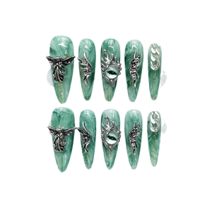 Handmade gothic green marble long stiletto press-on nails with silver angel wing charms