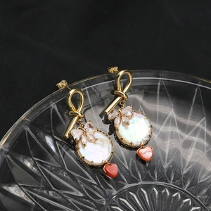 Baroque natural pearl earrings with gold rope design, rhinestones and red heart charm