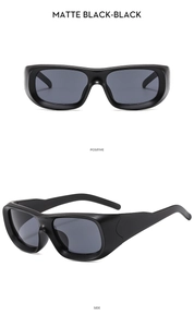 Detailed front and side views of square matte black sunglasses with dark lenses