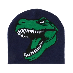Detailed view of dark blue knitted beanie featuring a green T-Rex jacquard dinosaur pattern
