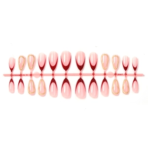 Elegant 24-piece press-on nail set in pink and red French tips with gold 3D accents