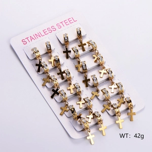 Gold stainless steel cross hoop earrings with rhinestones displayed on a white card
