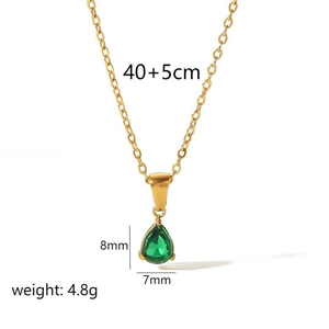 Gold stainless steel necklace with green teardrop zircon pendant and 45cm chain length