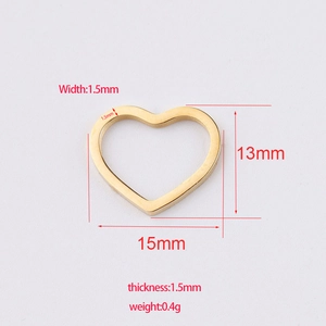 Golden titanium steel heart pendant charm 15x13mm with detailed dimensions and specs