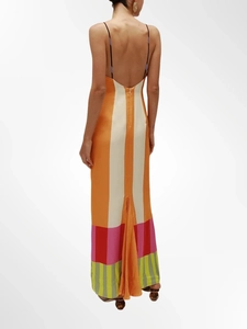 Sexy multi-color striped backless long dress with thin straps and sleek satin finish