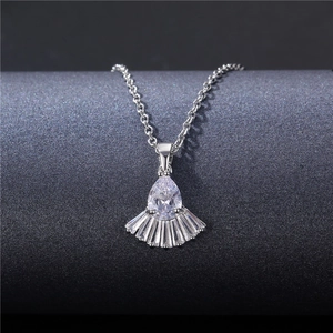 Pear-shaped zircon pendant with fan-shaped stones on a silver stainless steel chain
