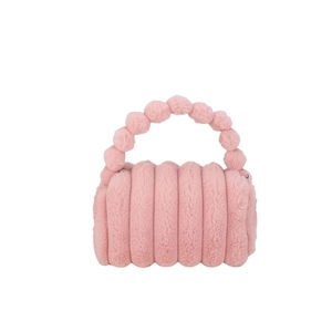 Pink plush handbag with beaded top handle and striped faux fur texture for women