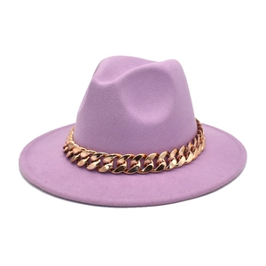 Lavender purple wool fedora hat featuring a stylish chunky gold chain band decoration