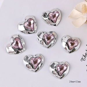 Silver metallic heart charms with pink rhinestones for DIY crafts and phone cases