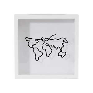 Detail of a white 3D shadow box frame featuring a black metal wire world map sculpture