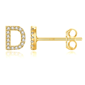 Macro detail of gold S925 sterling silver D-letter earrings with pavé zircon setting