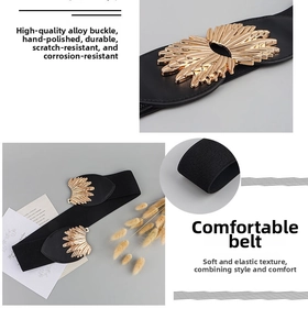 Detail of golden feather alloy buckle on high-elastic black wide waist belt