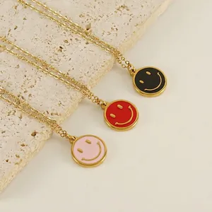 Collier Pendentif Visage Souriant Acier Inoxydable Plaqué Or 18K Émail Rond Happy Emoji Bijoux De Mode Pour Femmes